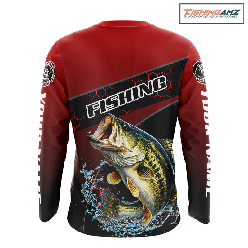 Largemouth Bass Fishing Shirts Red Camo Custom Name, Bass Fishing Shirts NBT463