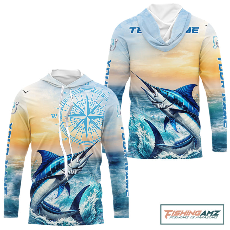 Blue Marlin Fishing Sunset Custom Fishing Long Sleeve Shirt, Marlin Compass Offshore Fishing Apparel NBT584