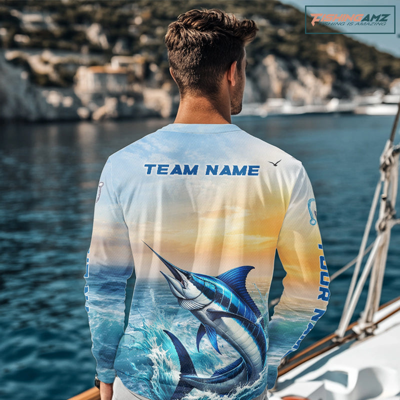 Blue Marlin Fishing Sunset Custom Fishing Long Sleeve Hooded Shirt, Marlin Compass Offshore Fishing Apparel NBT584