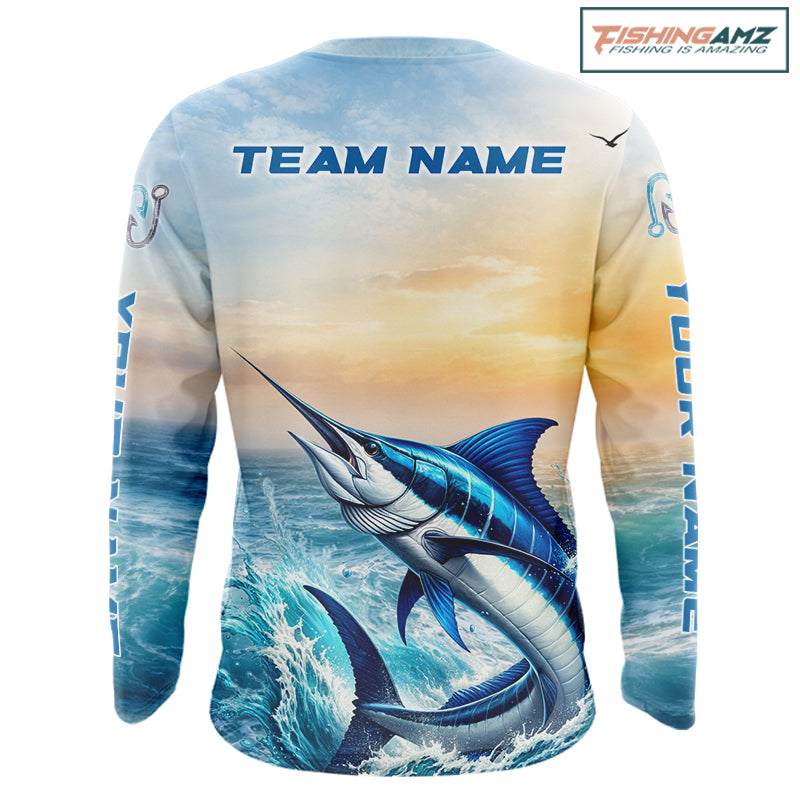 Blue Marlin Fishing Sunset Custom Fishing Long Sleeve Hooded Shirt, Marlin Compass Offshore Fishing Apparel NBT584