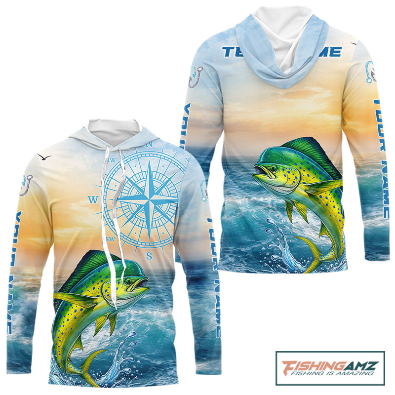 Mahi Mahi Fishing Sunset Custom Fishing Long Sleeve Shirt, Mahi Mahi Compass Offshore Fishing Apparel NBT585