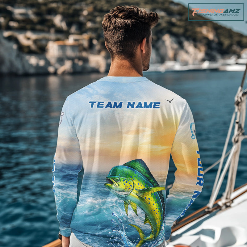 Mahi Mahi Fishing Sunset Custom Fishing Long Sleeve Hooded Shirt, Mahi Mahi Compass Offshore Fishing Apparel NBT585