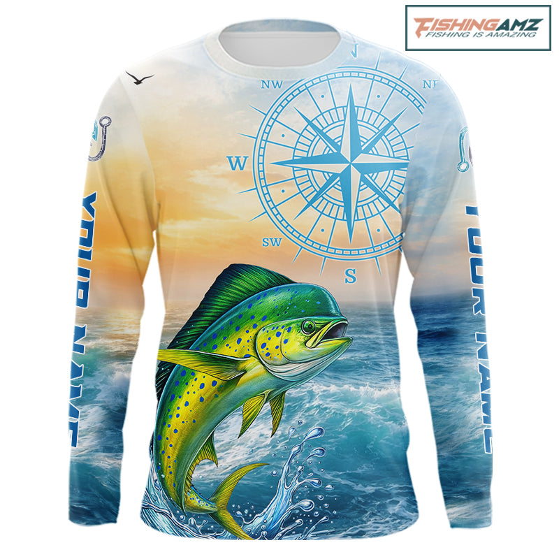 Mahi Mahi Fishing Sunset Custom Fishing Long Sleeve Hooded Shirt, Mahi Mahi Compass Offshore Fishing Apparel NBT585