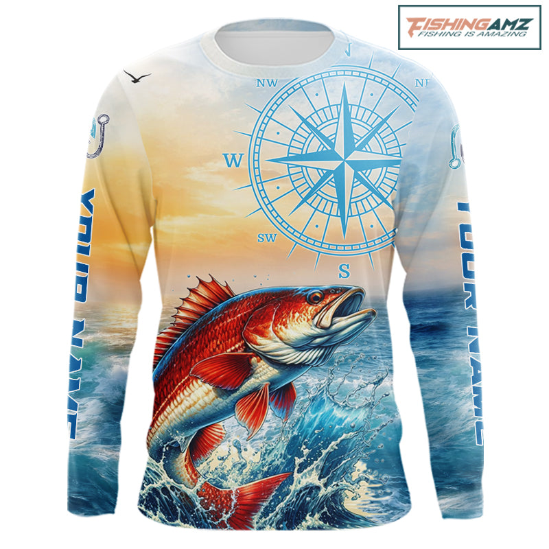 Redfish Fishing Sunset Custom Fishing Long Sleeve Hooded Shirt, Redfish Compass Offshore Fishing Apparel NBT587