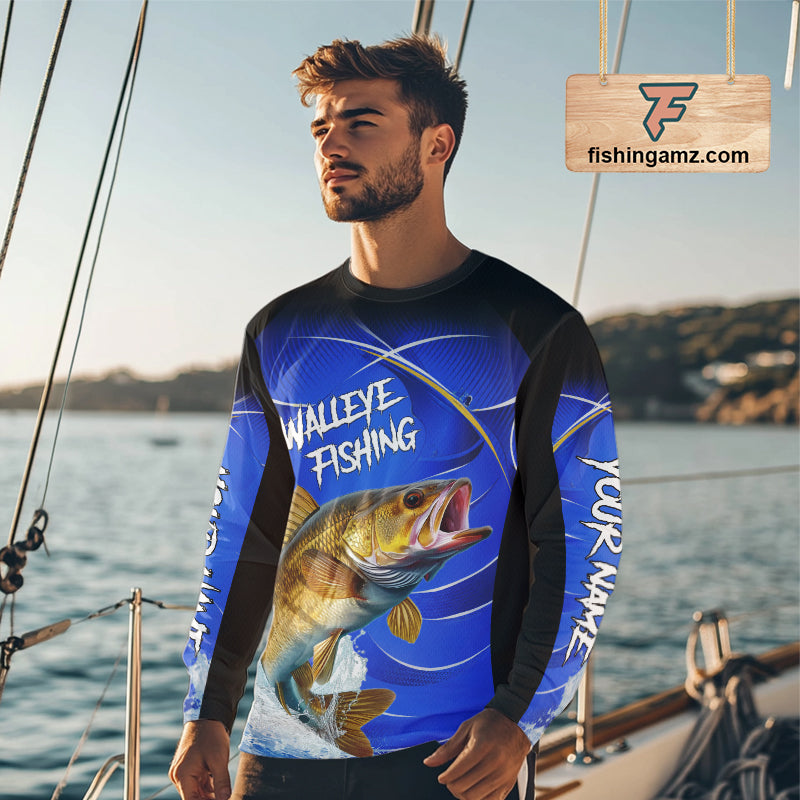 Personalized Walleye Long Sleeve Fishing Shirts UV Protection Tournament Jersey, Walleye Fishing Shirts NBT366