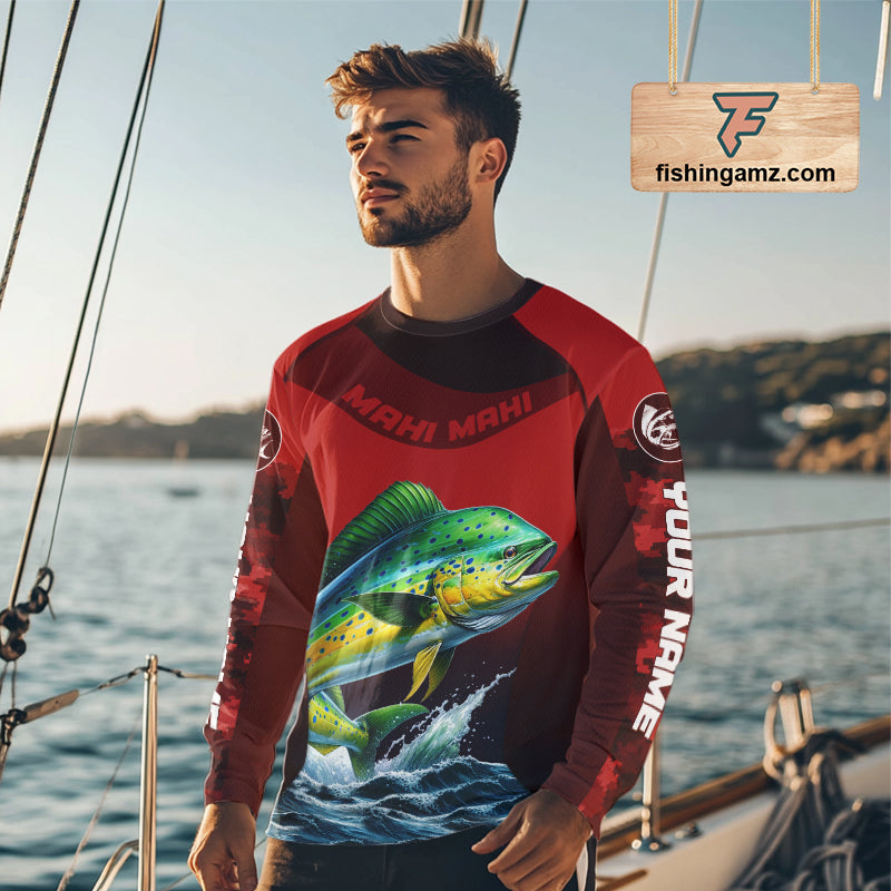 Custom Mahi Mahi Fishing Shirts For Team, Custom Saltwater Fishing Shirts|Red NBT467