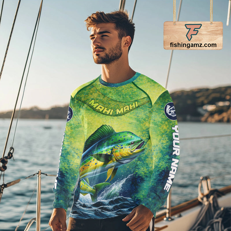 Custom Mahi Mahi Fishing Shirts For Team, Custom Saltwater Fishing Shirts|Green NBT468