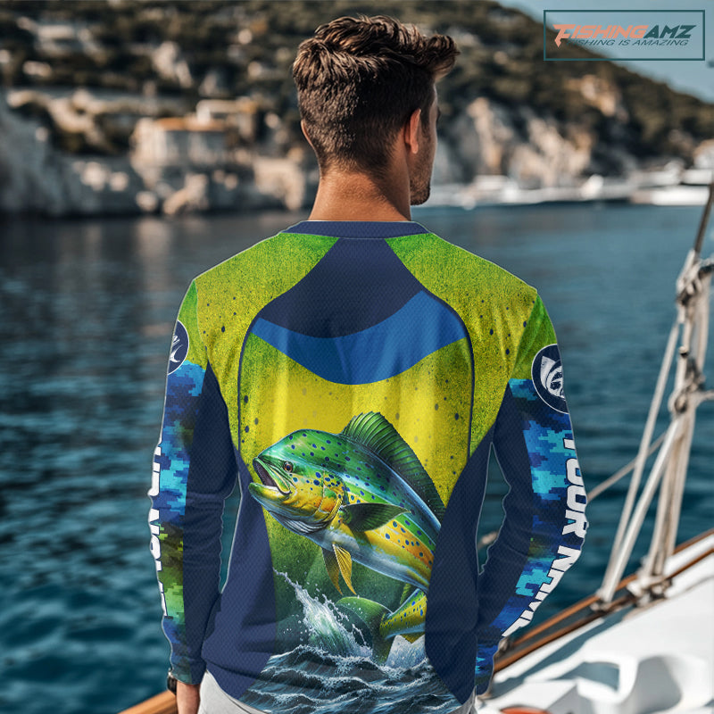 Custom Mahi Mahi Fishing Shirts For Team, Custom Saltwater Fishing Shirts|Blue NBT469