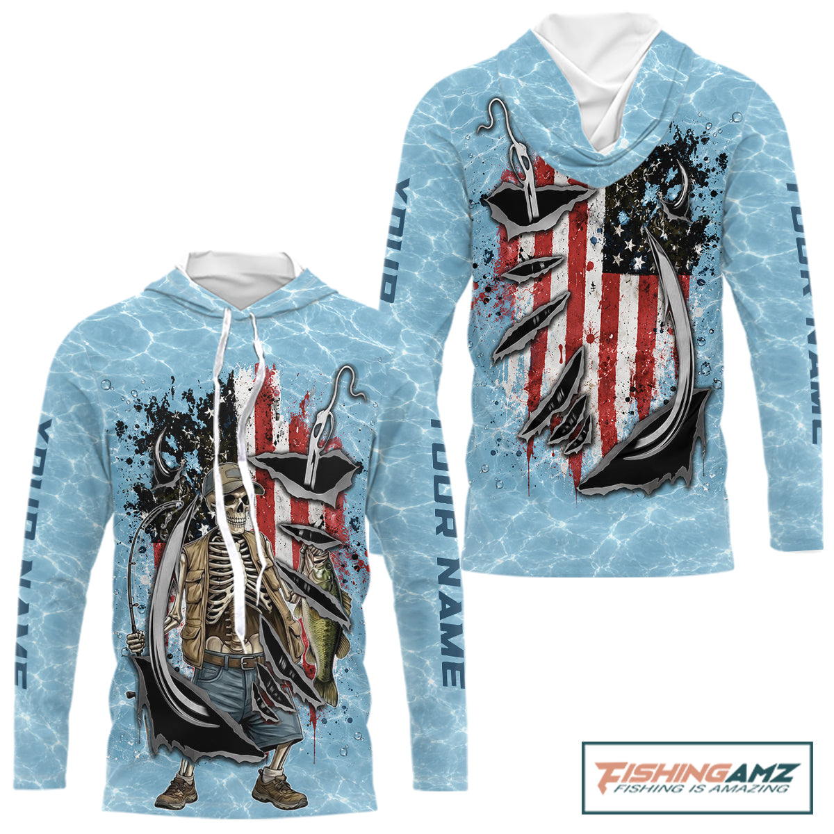Custom Bass Fishing Long Sleeve Hooded American Flag Fish Reaper Fishing Shirts, Bass Fishing Jerseys NBT729