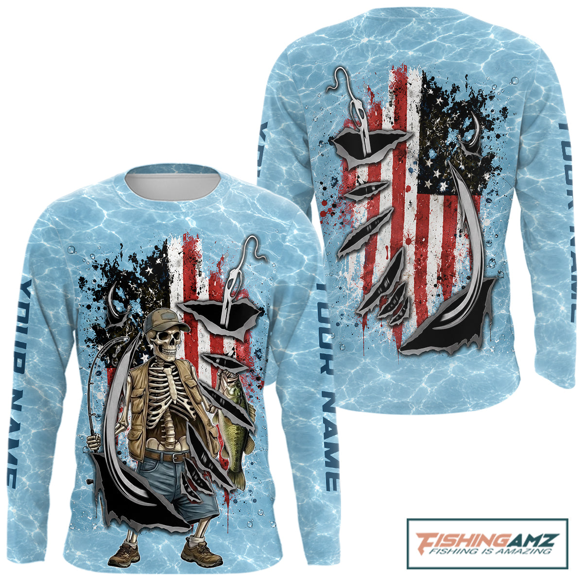 Custom Bass Fishing Long Sleeve American Flag Fish Reaper Fishing Shirts, Bass Fishing Jerseys NBT729