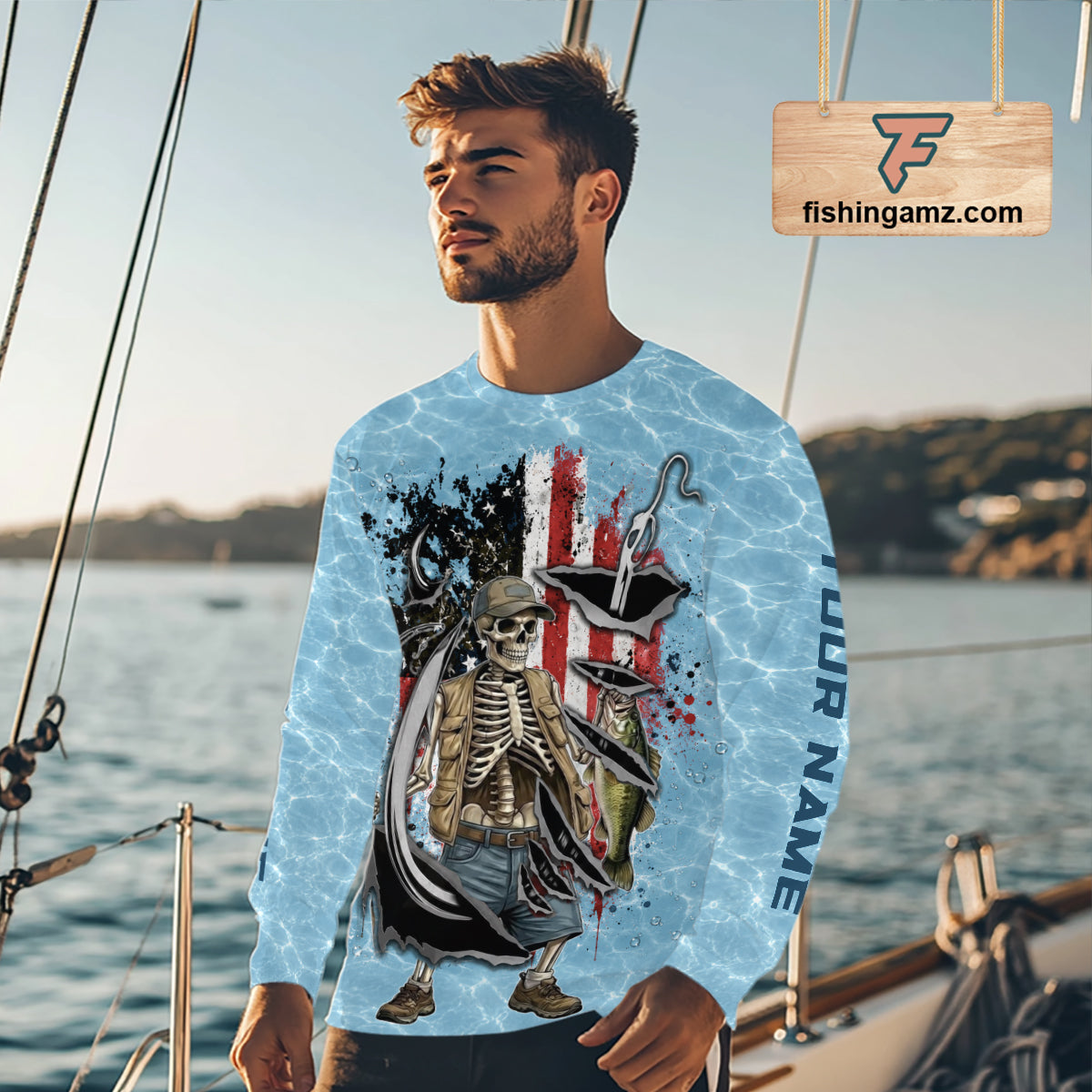 Custom Bass Fishing Long Sleeve American Flag Fish Reaper Fishing Shirts, Bass Fishing Jerseys NBT729