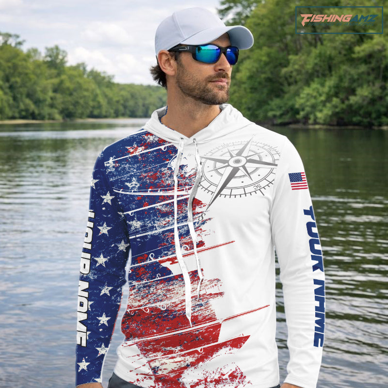 Personalized Patriotic Fishing Team Shirts, American Flag Long Sleeve Hooded Fishing Shirts NBT486