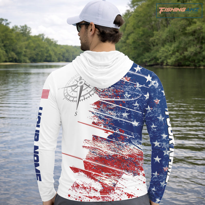 Personalized Patriotic Fishing Team Shirts, American Flag Long Sleeve Hooded Fishing Shirts NBT486