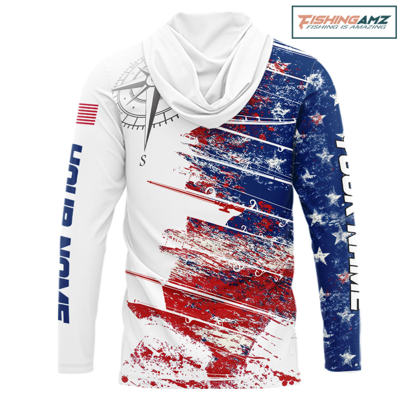 Personalized Patriotic Fishing Team Shirts, American Flag Long Sleeve Hooded Fishing Shirts NBT486