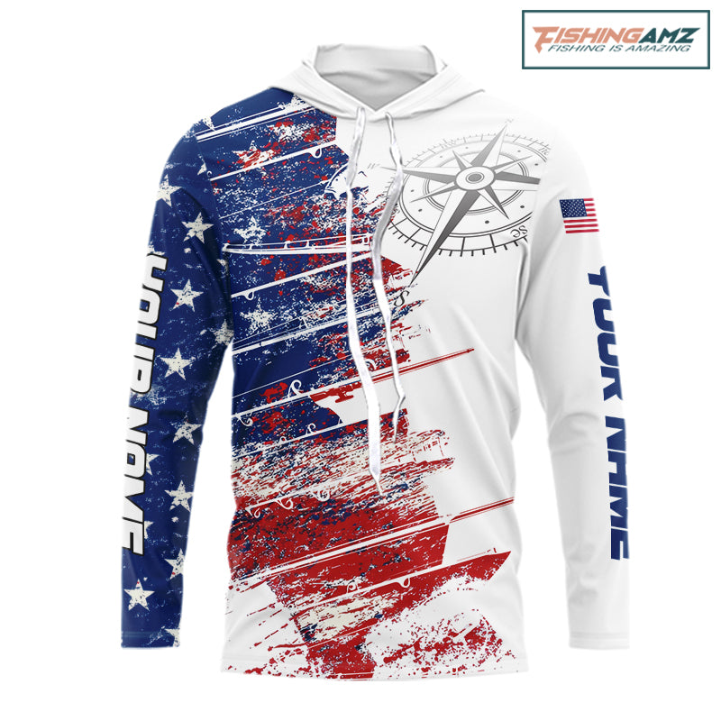 Personalized Patriotic Fishing Team Shirts, American Flag Long Sleeve Hooded Fishing Shirts NBT486