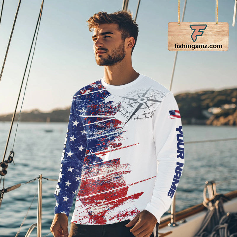 Personalized Patriotic Fishing Team Shirts, American Flag Long Sleeve Fishing Shirts NBT486