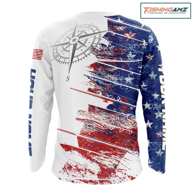 Personalized Patriotic Fishing Team Shirts, American Flag Long Sleeve Fishing Shirts NBT486