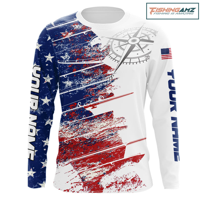 Personalized Patriotic Fishing Team Shirts, American Flag Long Sleeve Fishing Shirts NBT486