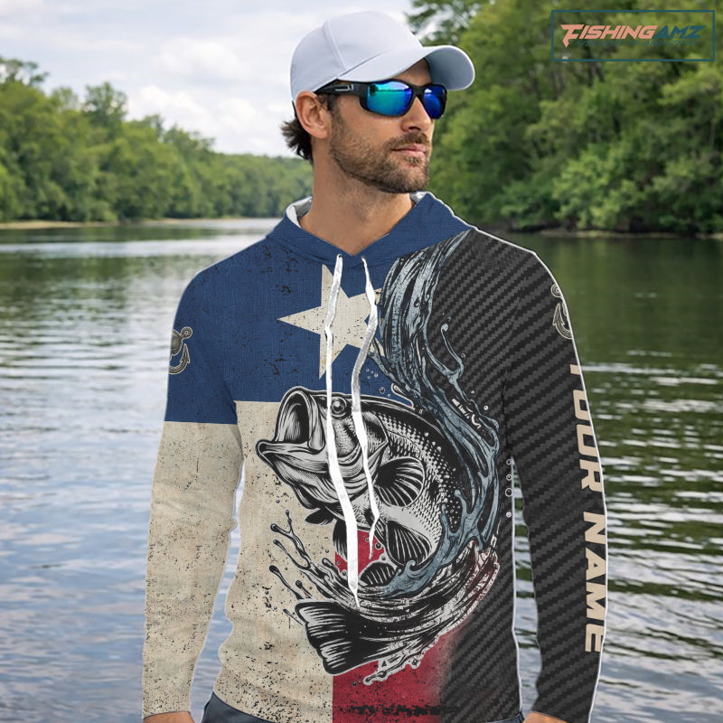 Angler wearing Texas Flag Bass Fishing Shirt custom long sleeve hooded UPF on boat largemouth bass tournament fishing