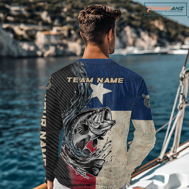 Angler wearing Texas Flag Bass Fishing Shirt custom long sleeve UPF on boat largemouth bass tournament fishing with custom name on the back