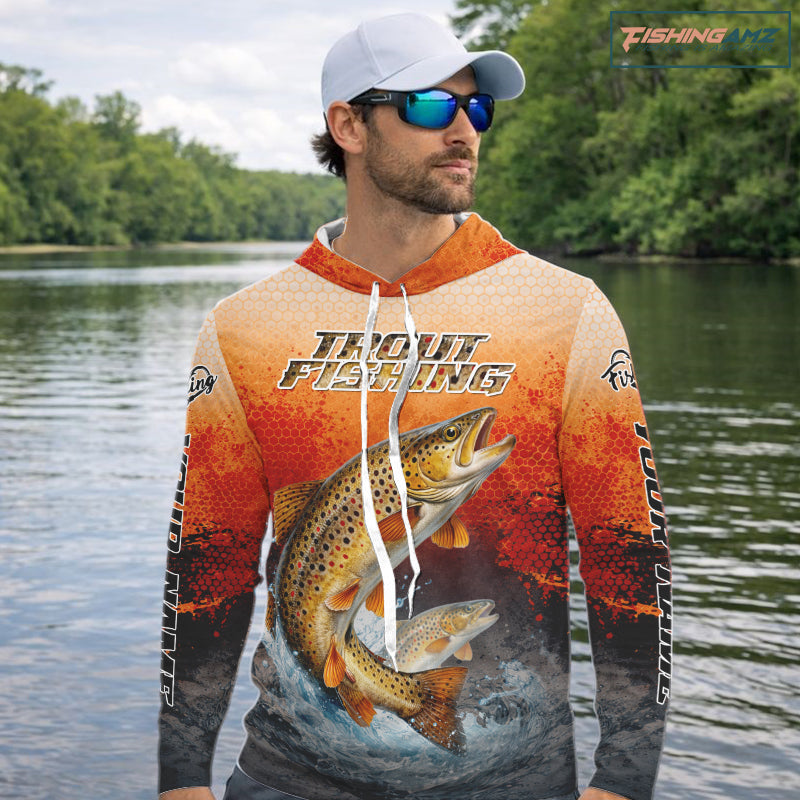 Brown Trout Long Sleeve Hooded Fishing Shirts Custom Name, Fishing Gifts Trout Fishing Shirts NBT380