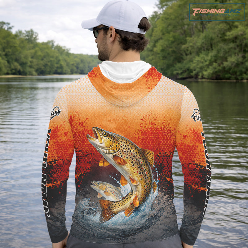 Brown Trout Long Sleeve Hooded Fishing Shirts Custom Name, Fishing Gifts Trout Fishing Shirts NBT380