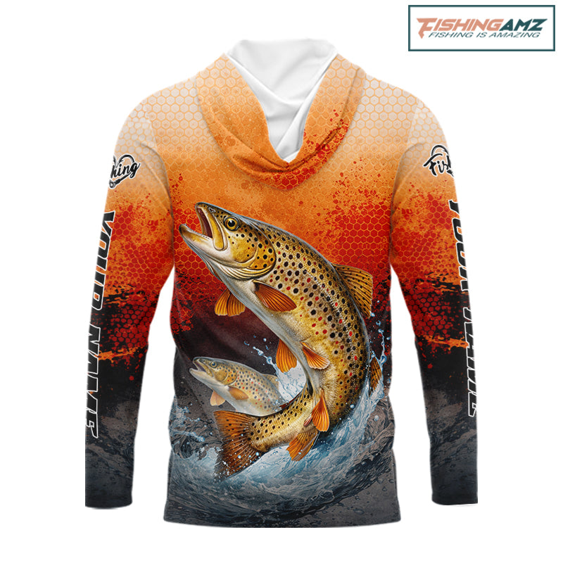 Brown Trout Long Sleeve Hooded Fishing Shirts Custom Name, Fishing Gifts Trout Fishing Shirts NBT380