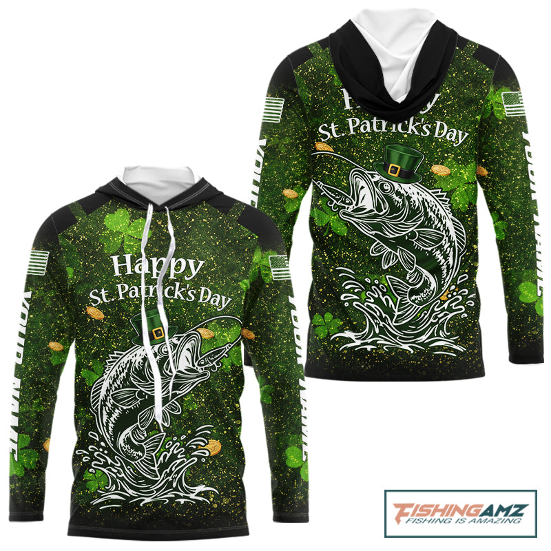 Custom St Patrick's Day American Flag Bass Long Sleeve Hooded Fishing Shirts, Patriotric Bass Fishing Jerseys NBT381