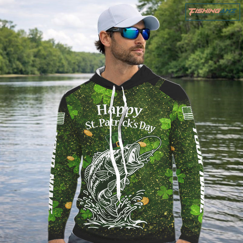 Custom St Patrick's Day American Flag Bass Long Sleeve Hooded Fishing Shirts, Patriotric Bass Fishing Jerseys NBT381