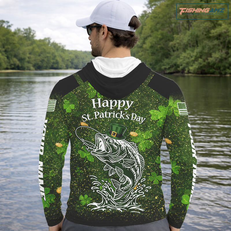 Custom St Patrick's Day American Flag Bass Long Sleeve Hooded Fishing Shirts, Patriotric Bass Fishing Jerseys NBT381