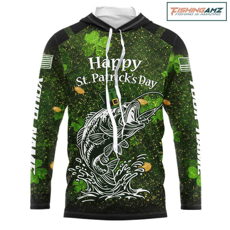 Custom St Patrick's Day American Flag Bass Long Sleeve Hooded Fishing Shirts, Patriotric Bass Fishing Jerseys NBT381