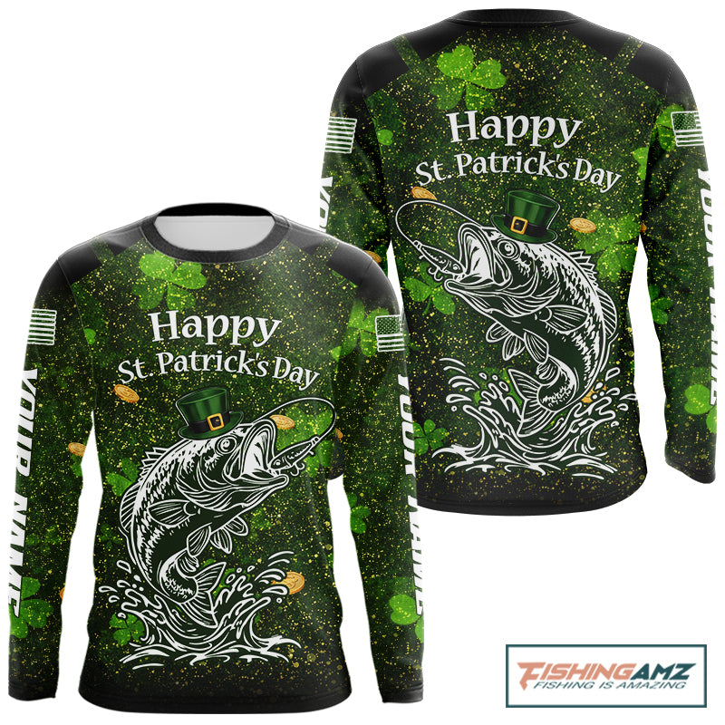 Custom St Patrick's Day American Flag Bass Long Sleeve Fishing Shirts, Patriotric Bass Fishing Jerseys NBT381