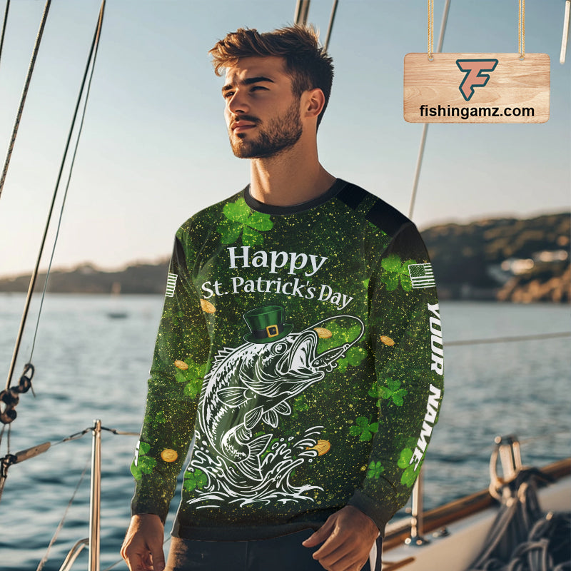 Custom St Patrick's Day American Flag Bass Long Sleeve Fishing Shirts, Patriotric Bass Fishing Jerseys NBT381