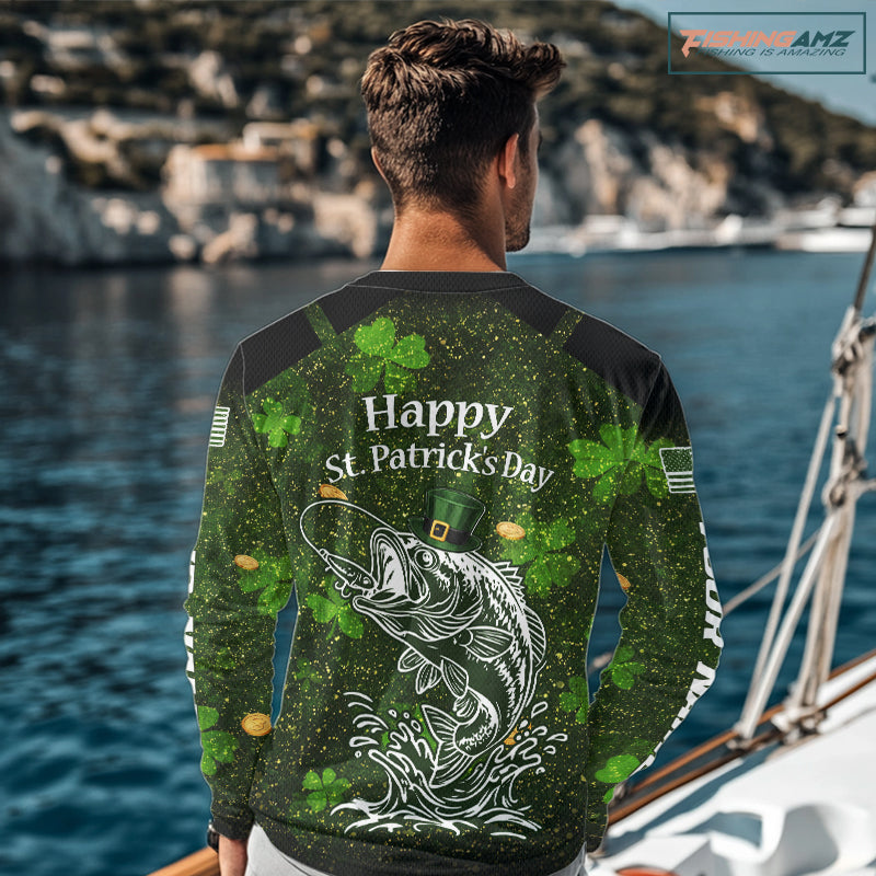 Custom St Patrick's Day American Flag Bass Long Sleeve Fishing Shirts, Patriotric Bass Fishing Jerseys NBT381