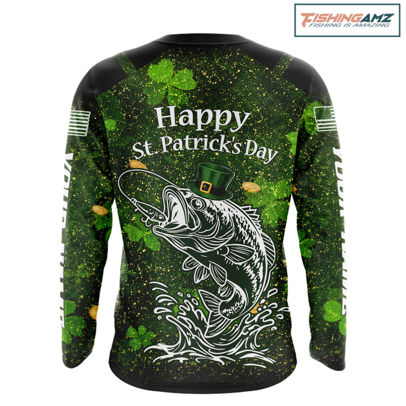 Custom St Patrick's Day American Flag Bass Long Sleeve Fishing Shirts, Patriotric Bass Fishing Jerseys NBT381