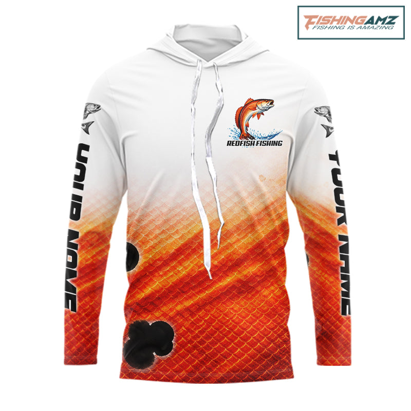 Redfish Fishing Scales Custom Name UV Protection Long Sleeve Hooded Fishing Shirts NBT514