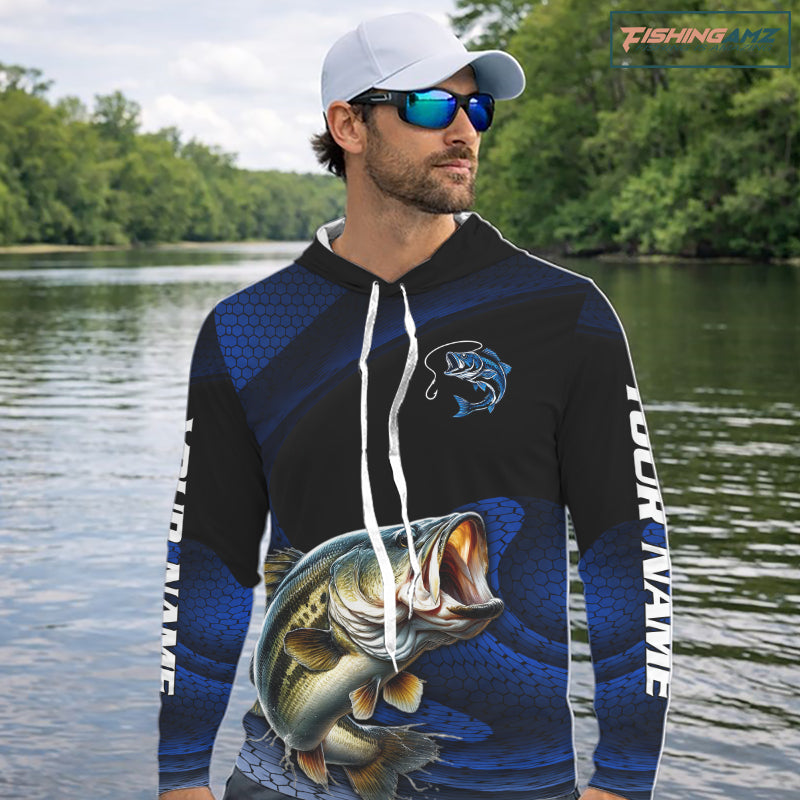 Angler wearing personalized camo bass fishing hooded long sleeve shirt