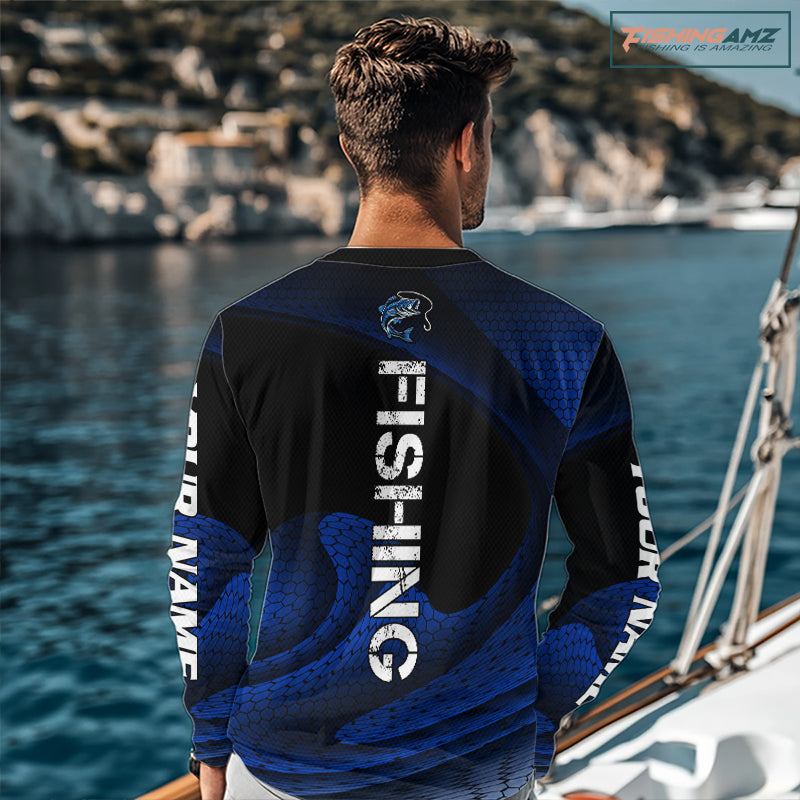 Angler wearing personalized camo bass fishing shirt long sleeve