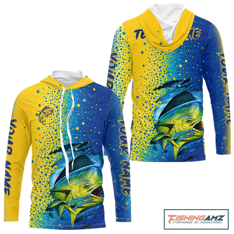 Front and back view of custom Mahi Mahi saltwater long sleeve hooded fishing shirt UV protection
