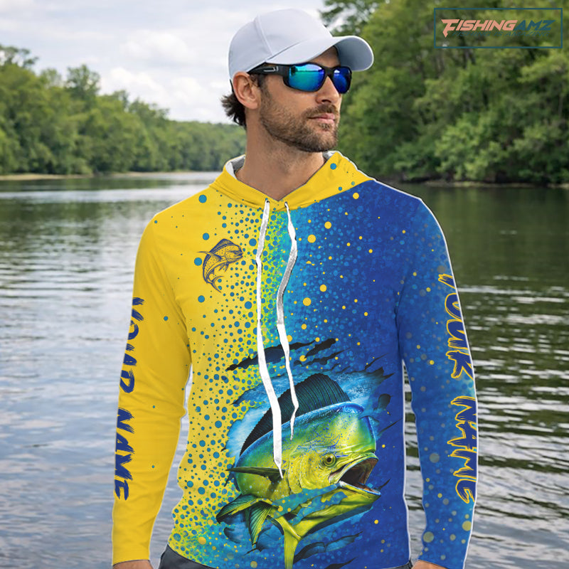 Angler wearing custom Mahi Mahi hooded long sleeve fishing shirt