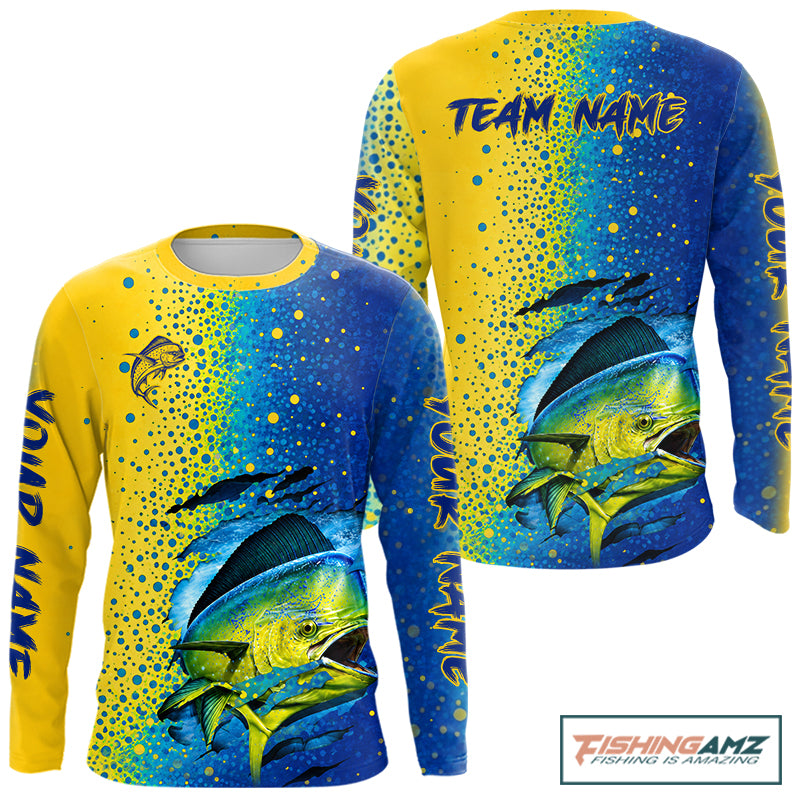 Front and back view of custom Mahi Mahi saltwater fishing shirt long sleeve
