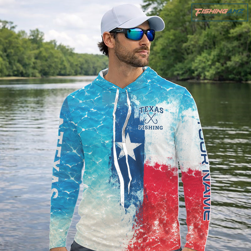 Angler wearing Texas Bass Long Sleeve Hooded Fishing Shirt with personalized name on sleeve