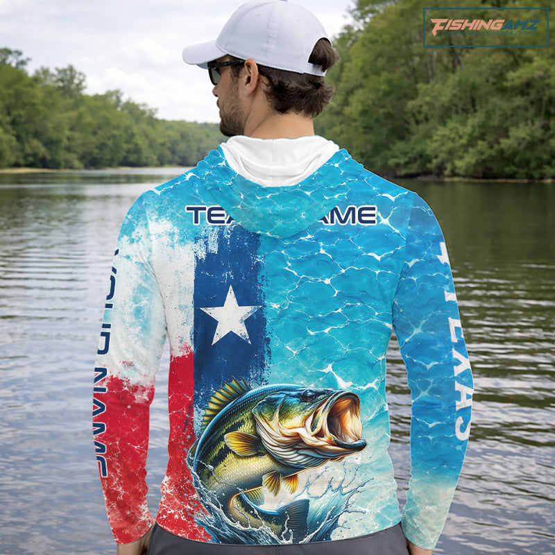 Angler wearing Texas Bass Long Sleeve Hooded Fishing Shirt with personalized name on sleeve