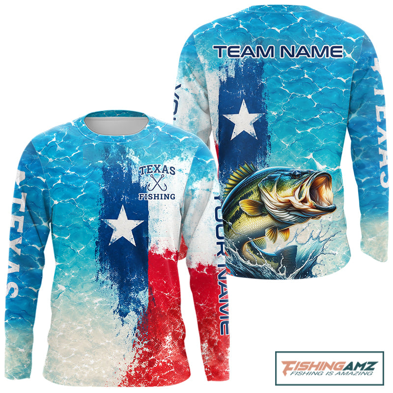 Front and back view of Texas Bass Fishing ocean camo long sleeve fishing shirt with Texas flag design
