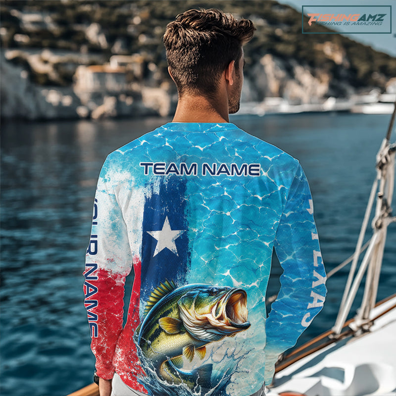 Angler wearing Texas Bass Fishing Shirt Long Sleeve standing on the boat with team name on the back