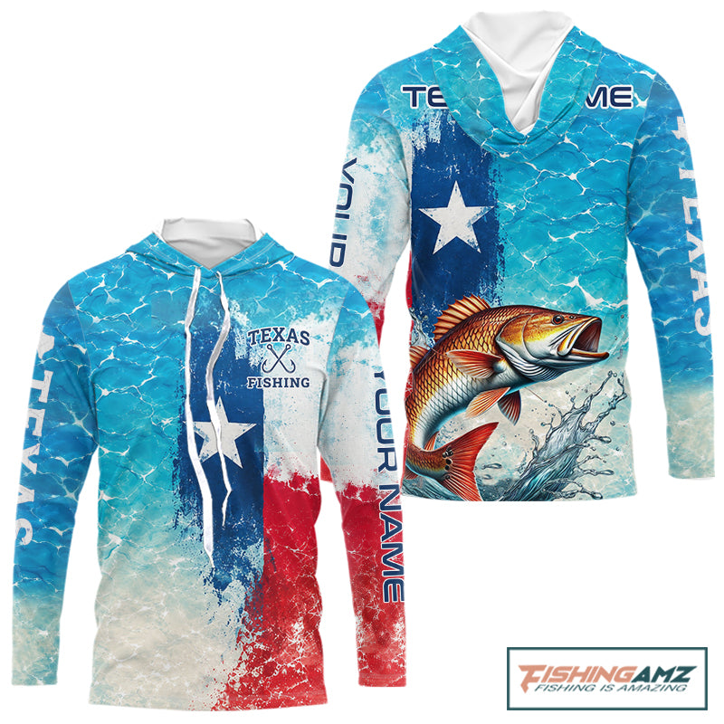 Front and back view of Texas Redfish Long Sleeve Hooded Fishing Shirt