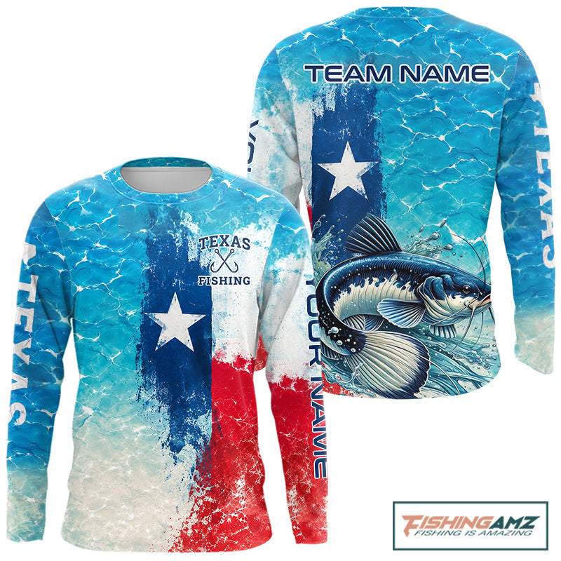 Front and back view of Texas Catfish Fishing Shirt Long Sleeve ocean camo with custom name on left sleeve and team name on the back
