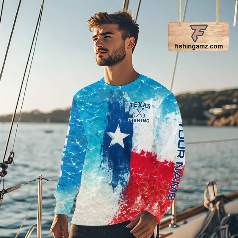 Angler wearing Texas Catfish Fishing Shirt Long Sleeve standing on the boat