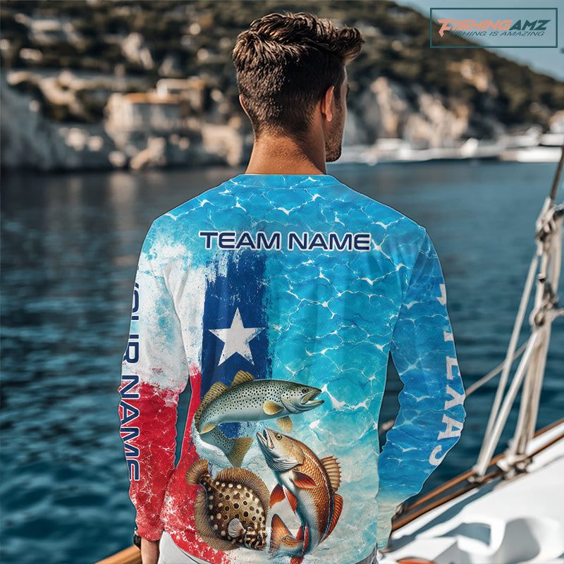 Angler wearing Texas Slam Fishing Shirt Long Sleeve standing on the boat with team name on the back