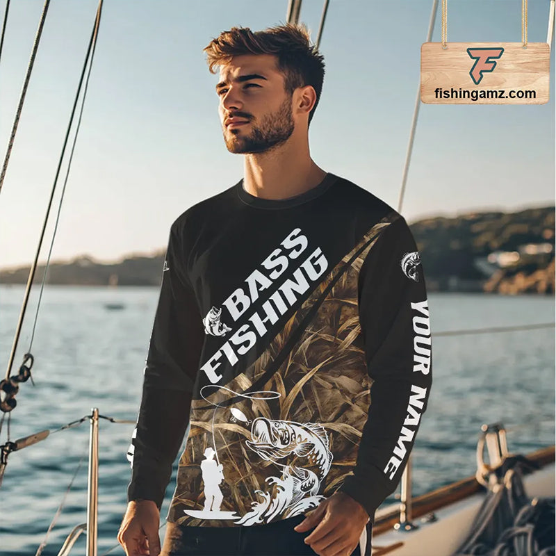 Personalized Largemouth Bass Tatto Grass Camo Customized Long Fishing Tournament Shirts NBT355